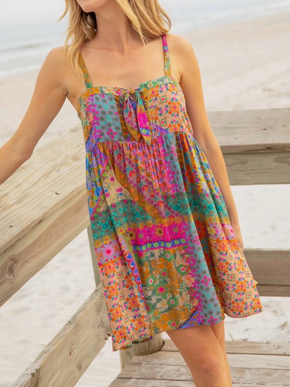 Natural Life Patti Folk Flower Patchwork Tie Front Mini Dress XL NWT